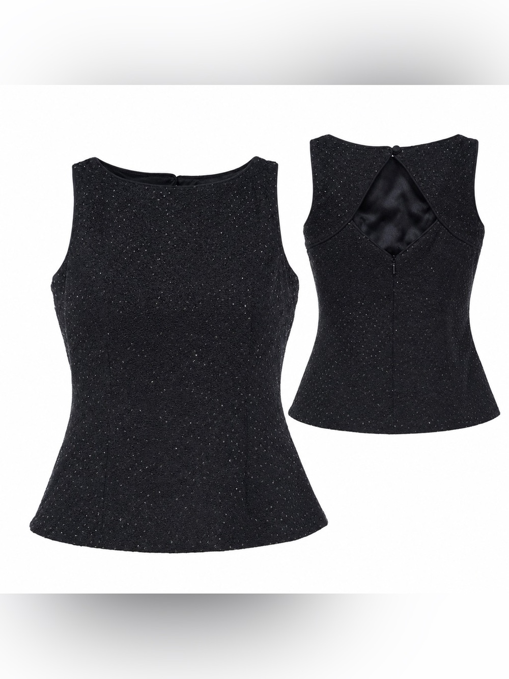 Sleeveless Black Sparkle Peplum Blouse with Keyhole Back